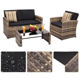 Vaeny 4-Piece Wicker Patio Sectional with Glass Table