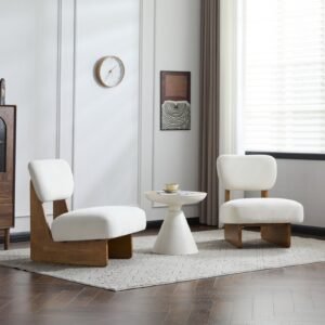Vaeny bouclé lounge chair set of 2 with solid wood base styled in a modern living room