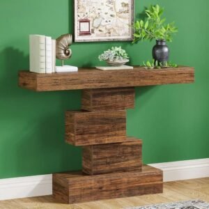 Vaeny Farmhouse Console Table – Brown Wood Grain, Geometric Base