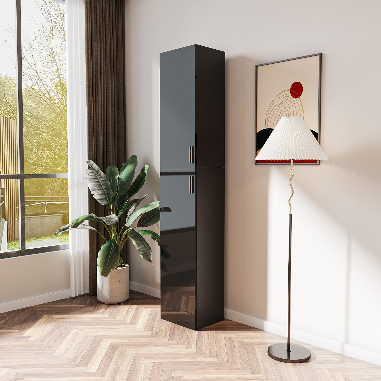 Vaeny Freestanding Cabinet with Inadjustable Shelves – Black