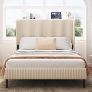Vaeny Full Metal Platform Bed with Charging Station – Beige