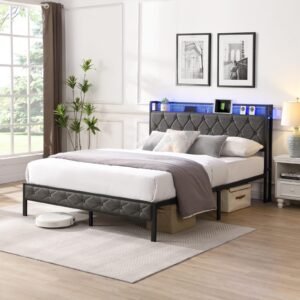 Vaeny Full Upholstered Bed with Storage Headboard and LED
