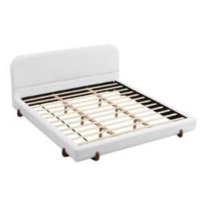 Vaeny King Upholstered Bed with Solid Wood Legs – White