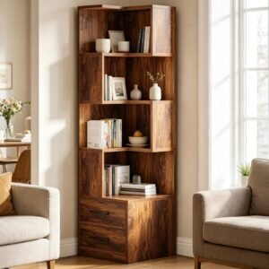 Vaeny L-Shaped Corner Bookcase with 2 Drawers – 5 Tier
