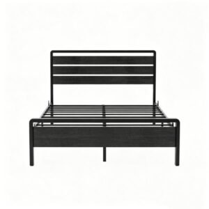 Vaeny Queen Wood-Grain Platform Bed with LED Headboard – Black