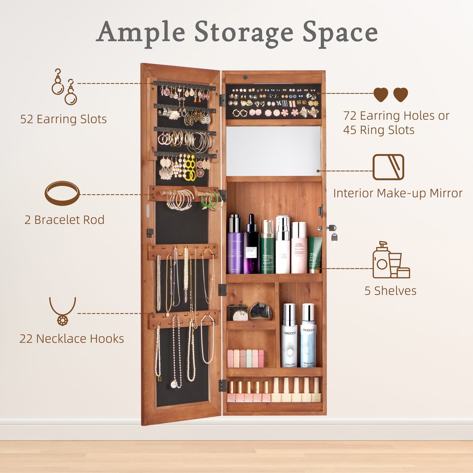 Vaeny Solid Wood Jewelry Armoire Organizer Cabinet – Brown – view 2