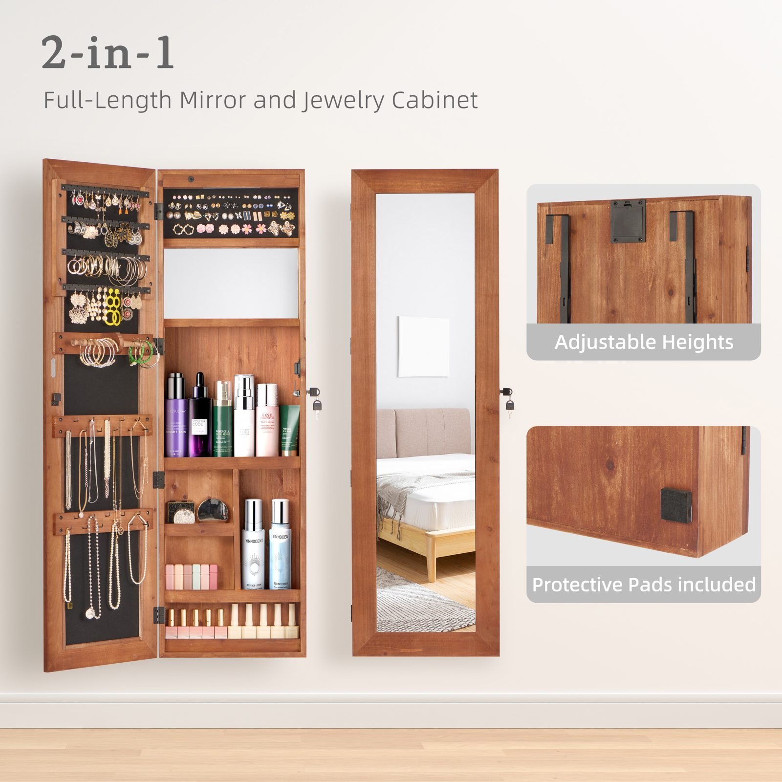 Vaeny Solid Wood Jewelry Armoire Organizer Cabinet – Brown – view 4