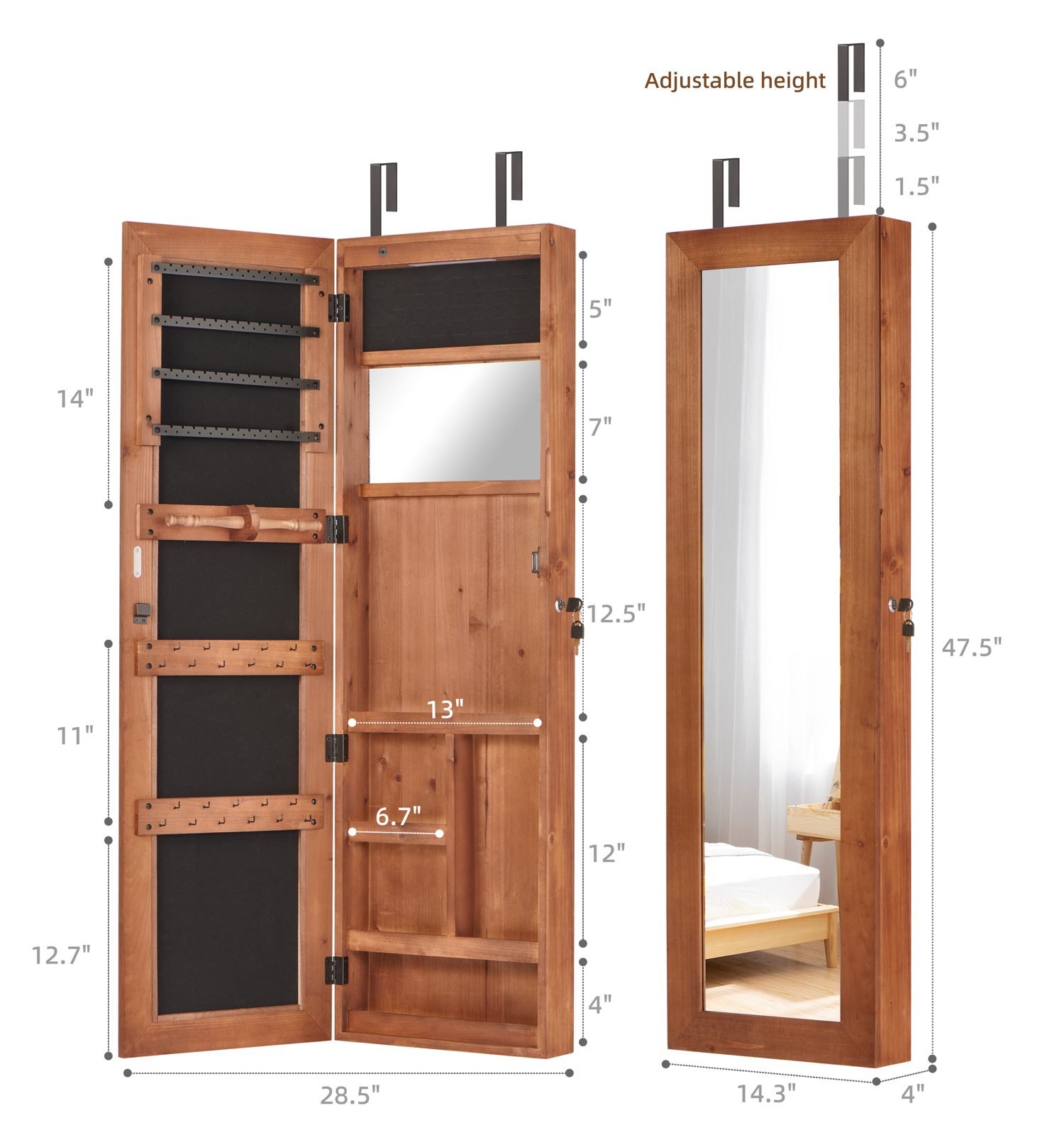 Vaeny Solid Wood Jewelry Armoire Organizer Cabinet – Brown – view 5