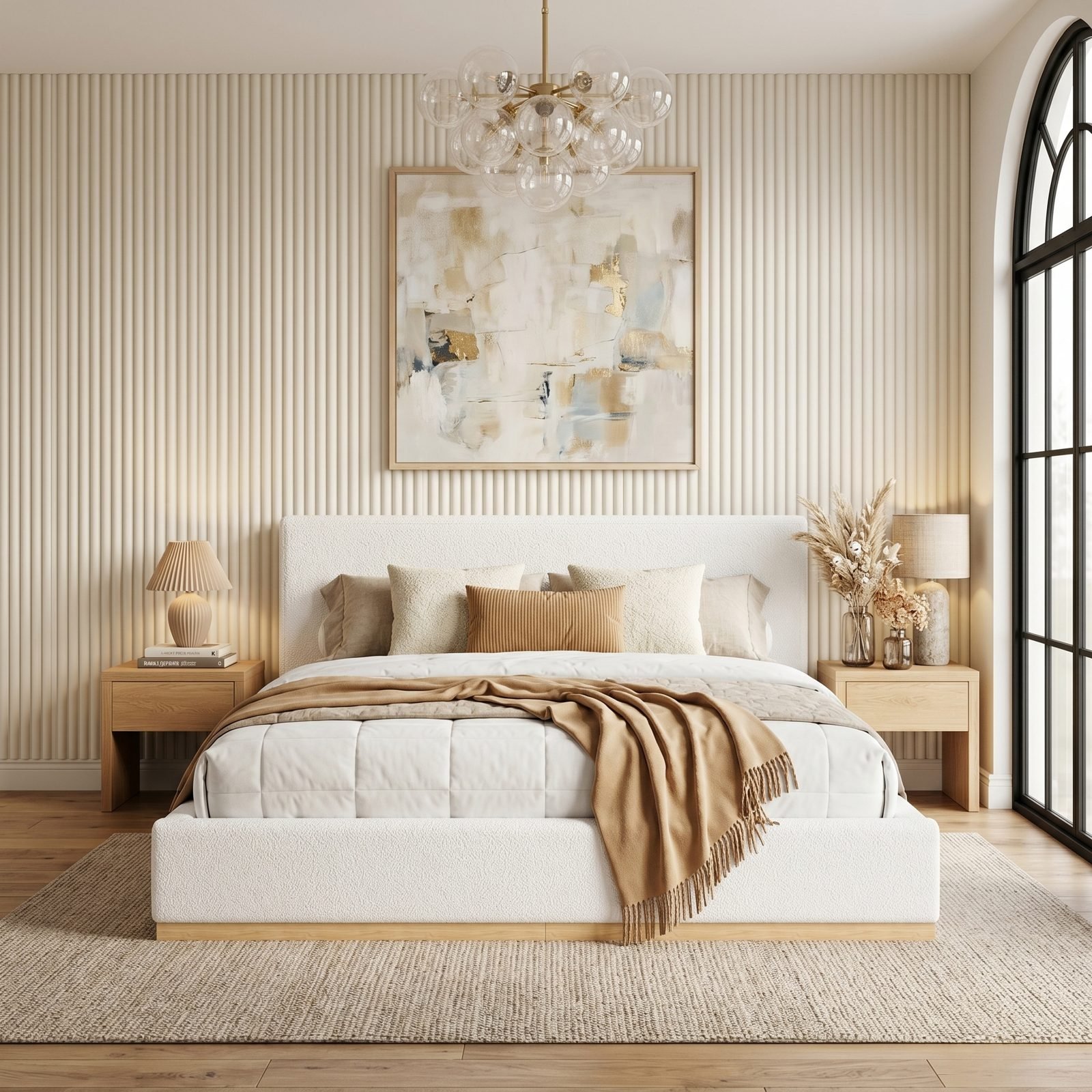Vaeny Upholstered Bed with Solid Wood Frame – White – view 5