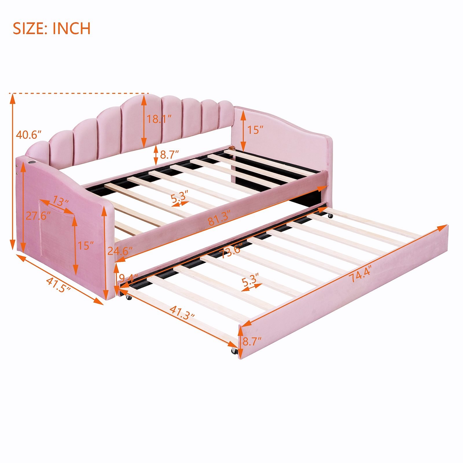 Vaeny Velvet Twin Daybed with Trundle and USB Ports – view 3