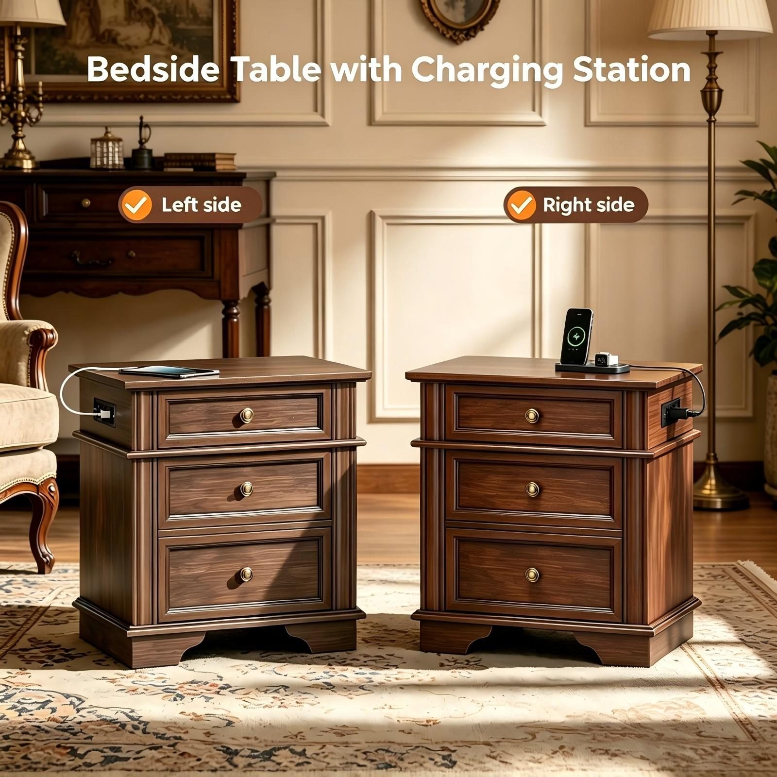 Vaeny Vintage 3-Drawer Nightstand with Outlets – Brown
