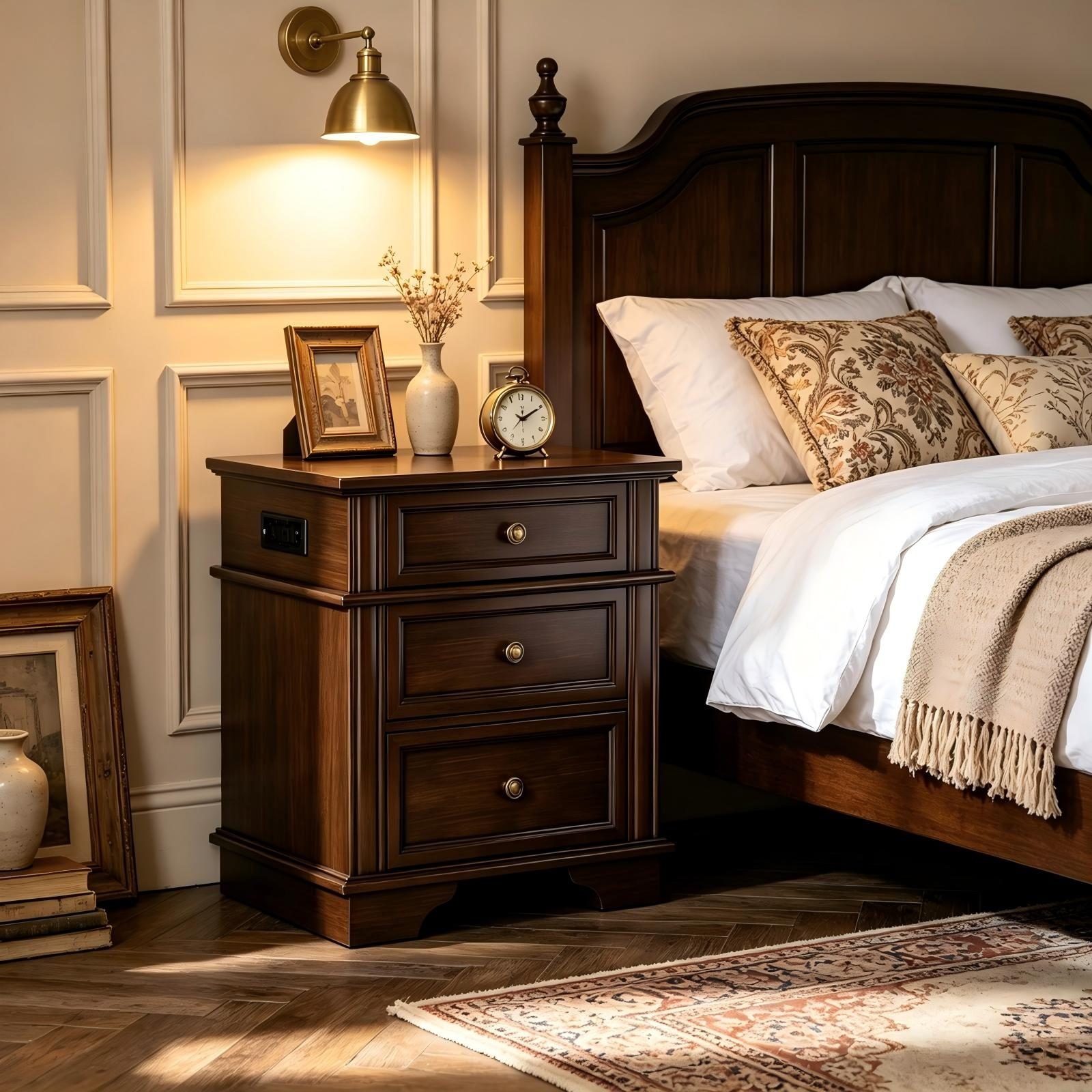 Vaeny Vintage 3-Drawer Nightstand with Outlets – Brown – view 6