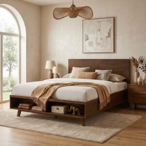 Vaeny Walnut King Platform Bed with Footboard Storage